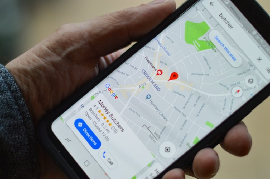 Smartphone map illustrating Google Maps and local business listings