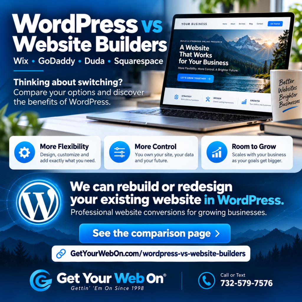 WordPress vs Wix, GoDaddy, Duda and Squarespace comparison and professional WordPress website conversion services from Get Your Web On